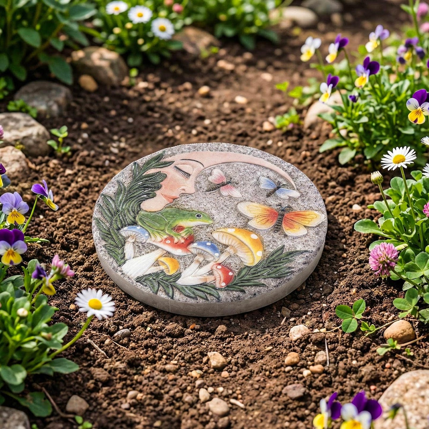 Bechivie Garden Stepping Stones Outdoor, 9.8" Resin Frog Stepping Stone with Moon Butterfly Mushroom, Spring Decorative Round Walkway Gardening Gifts Home Decor for Outside Yard Pathway Patio Lawn