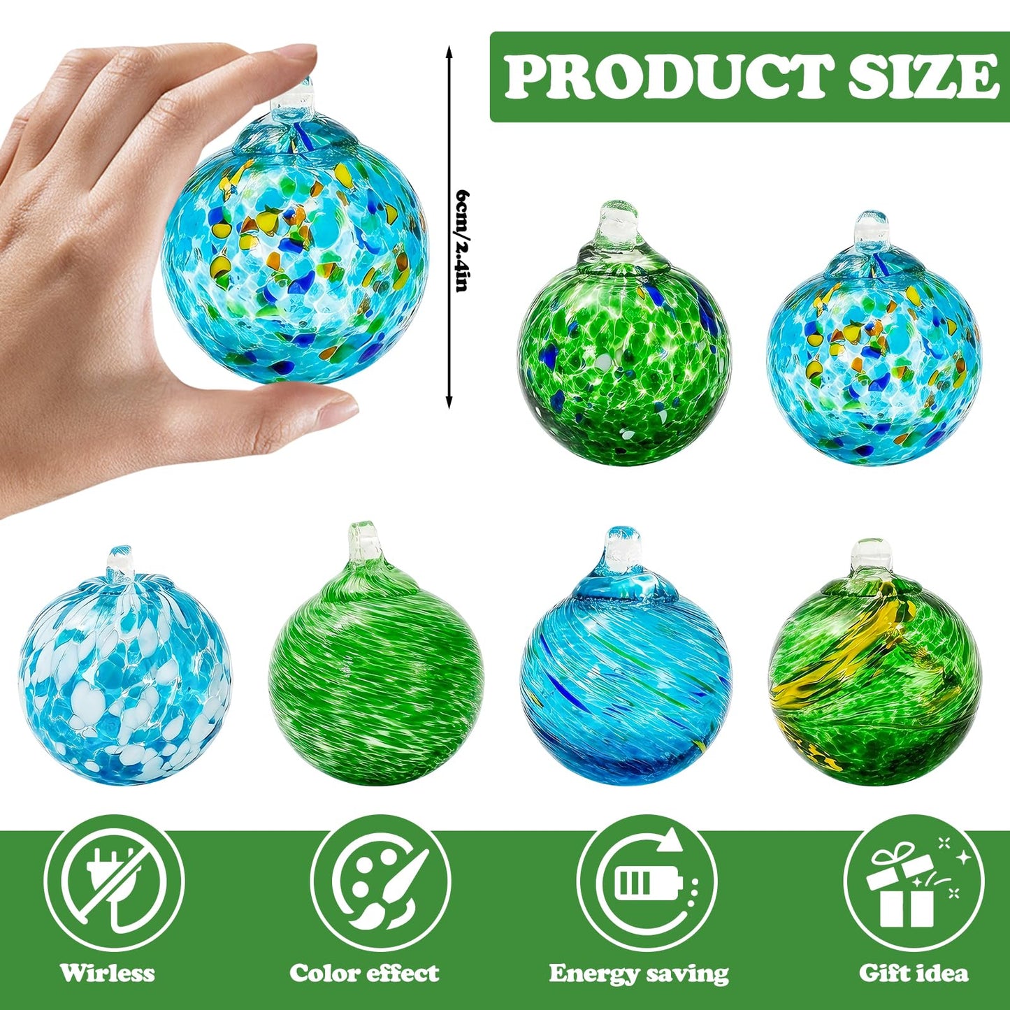 JarThenaAMCS 6Pcs Hand Blown Glass Ball Ornaments 2.4 Inch Blue Green Hanging Friendship Witch Balls for Home Party Garden Wall Window Decor