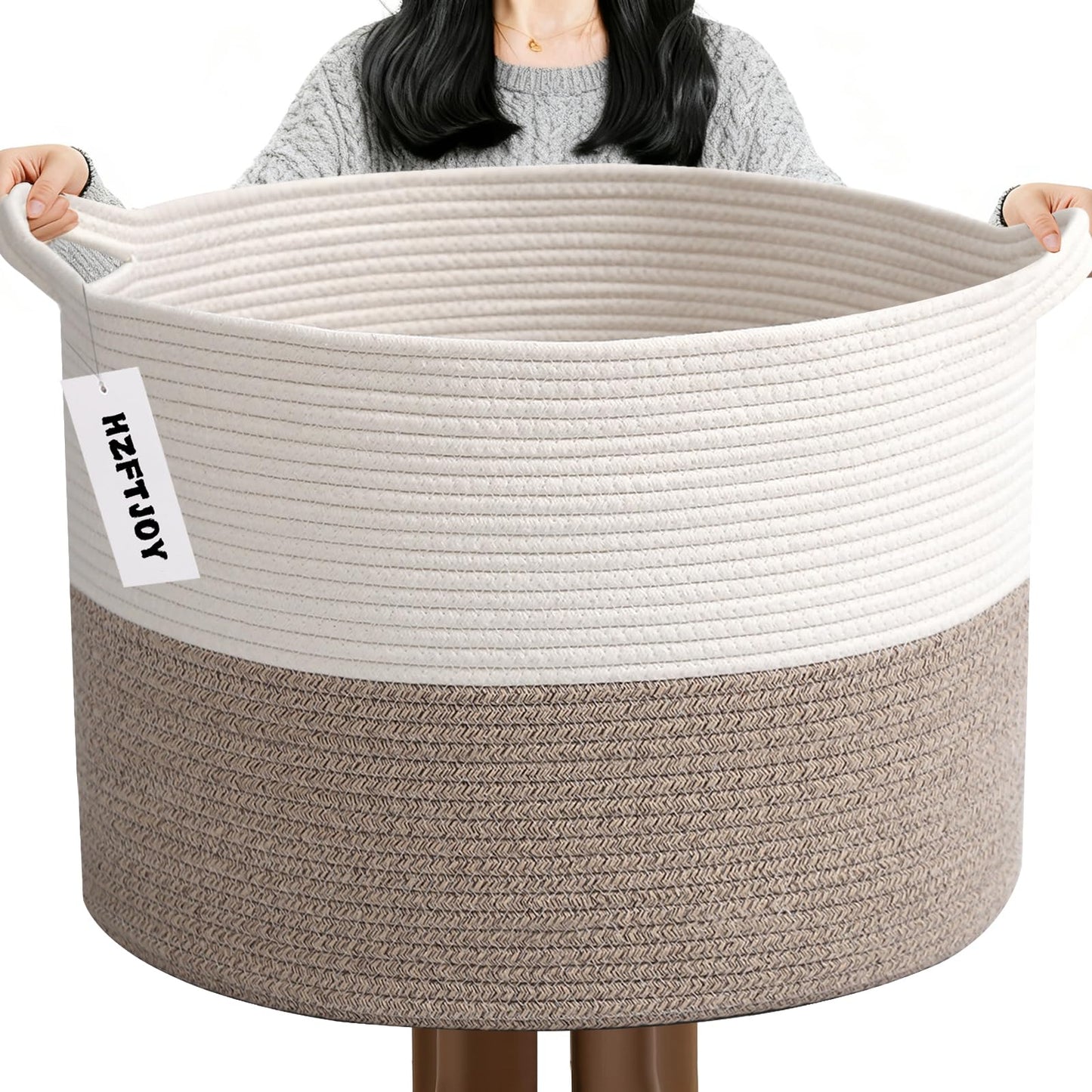 HZFTJOY Large Woven Blanket Basket,65L Cotton Rope Laundry Basket Hamper with Handles, Decorative Nursery Basket Storage Bin for Toys, Clothes Organizer, Living Room, Bedroom, Bathroom, White & Brown