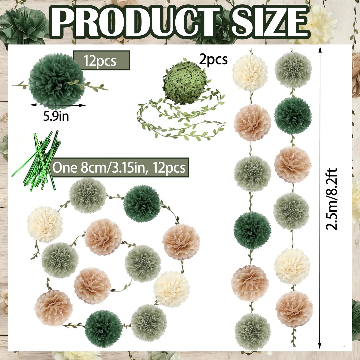 Tissue Paper Flowers Pom Pom Garland with Leaf Ribbon, 2 PCS 8.2ft Hanging Streamer for Wedding, Baby Shower, Rustic Boho Party Decor, Green Beige Neutral Tones, Reusable & Easy to Assemble