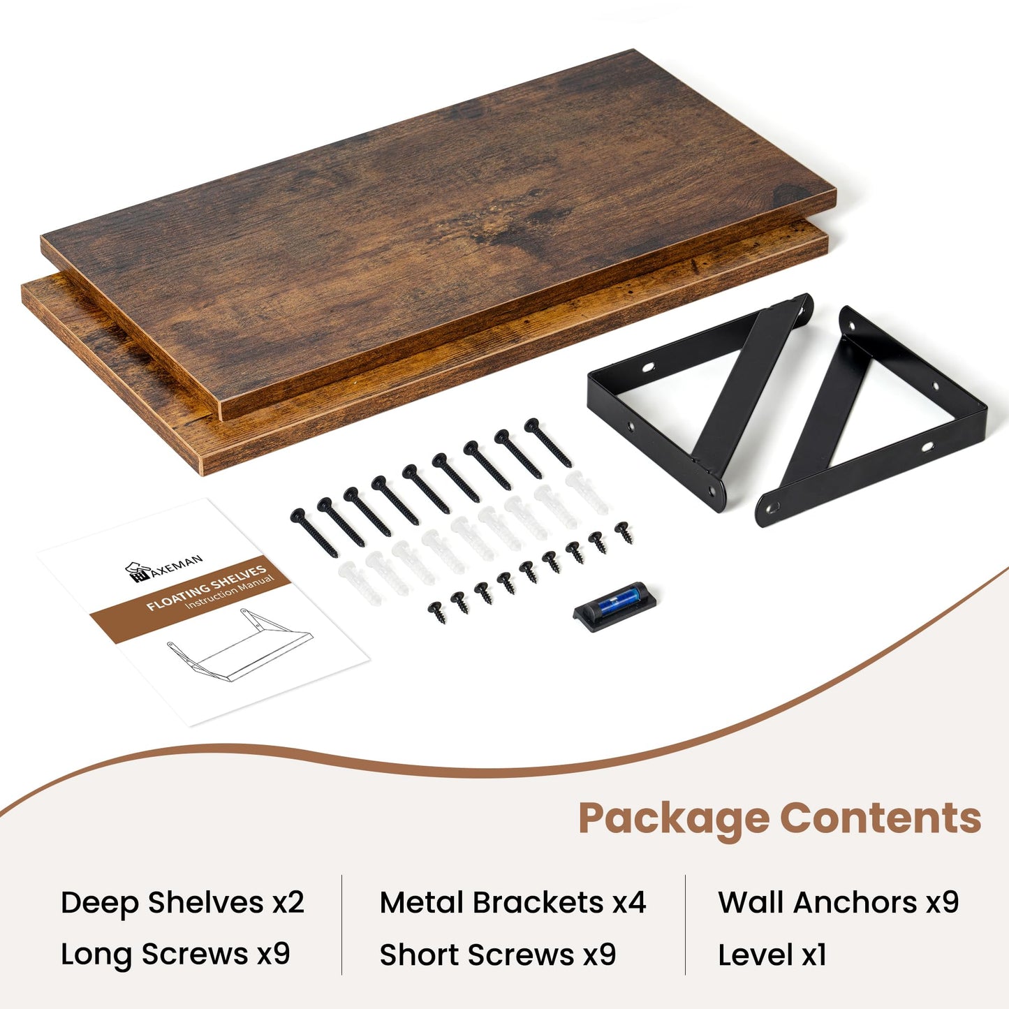 Axeman Floating Shelves for Wall, 8 Inch Deep Brown Wall Shelves Set of 2, 16''W x 8''D Rustic Brown Wood Shelves for Bookshelf Living Room Bedroom Home Office Bathroom