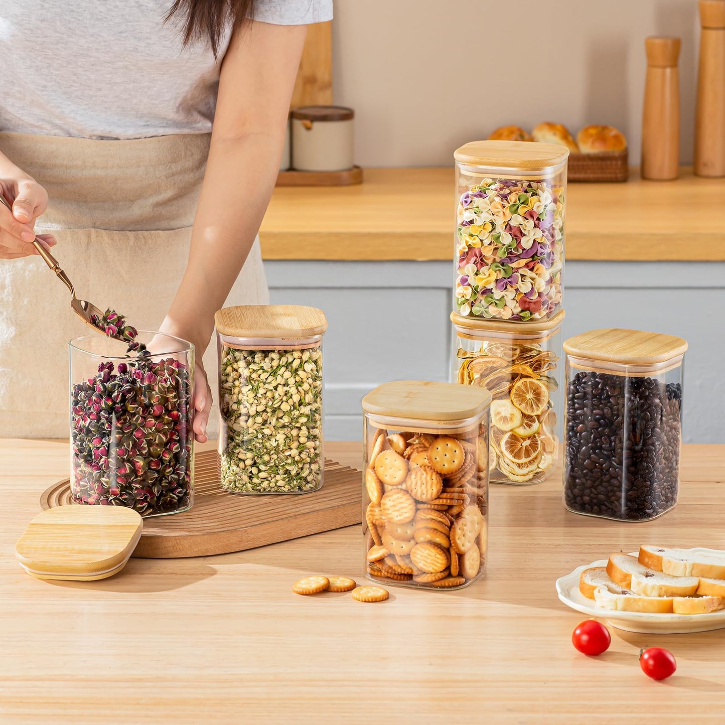 SENTVEND 37 Oz Glass Storage Jars with Bamboo Lids - 6 Pack Clear Glass Canisters Square Airtight Stackable Ideal for Pantry Storage Containers Organizers Great for Storing Oats Coffee Beans Nuts etc