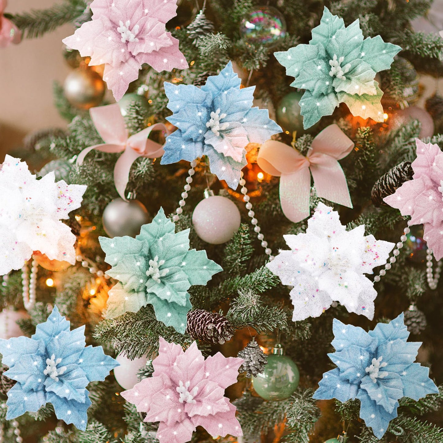 Thiccywoov 12 Pcs Christmas Tree Pastel Poinsettia Christmas Candyland Decorations Glitter Flowers 6" Xmas Tree Decorations with Clips Stems Xmas Ornaments for Wedding Party Wreath Decoration