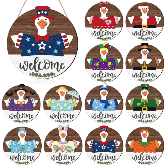 Weysat 25 Pcs Interchangeable Wooden Goose Decor, 11.8 Inch Holiday Seasonal Welcome Changeable Geese Signs Rustic Farmhouse Front Door Round Wreaths Wall Hanging Decorations for Porch Home Outdoor