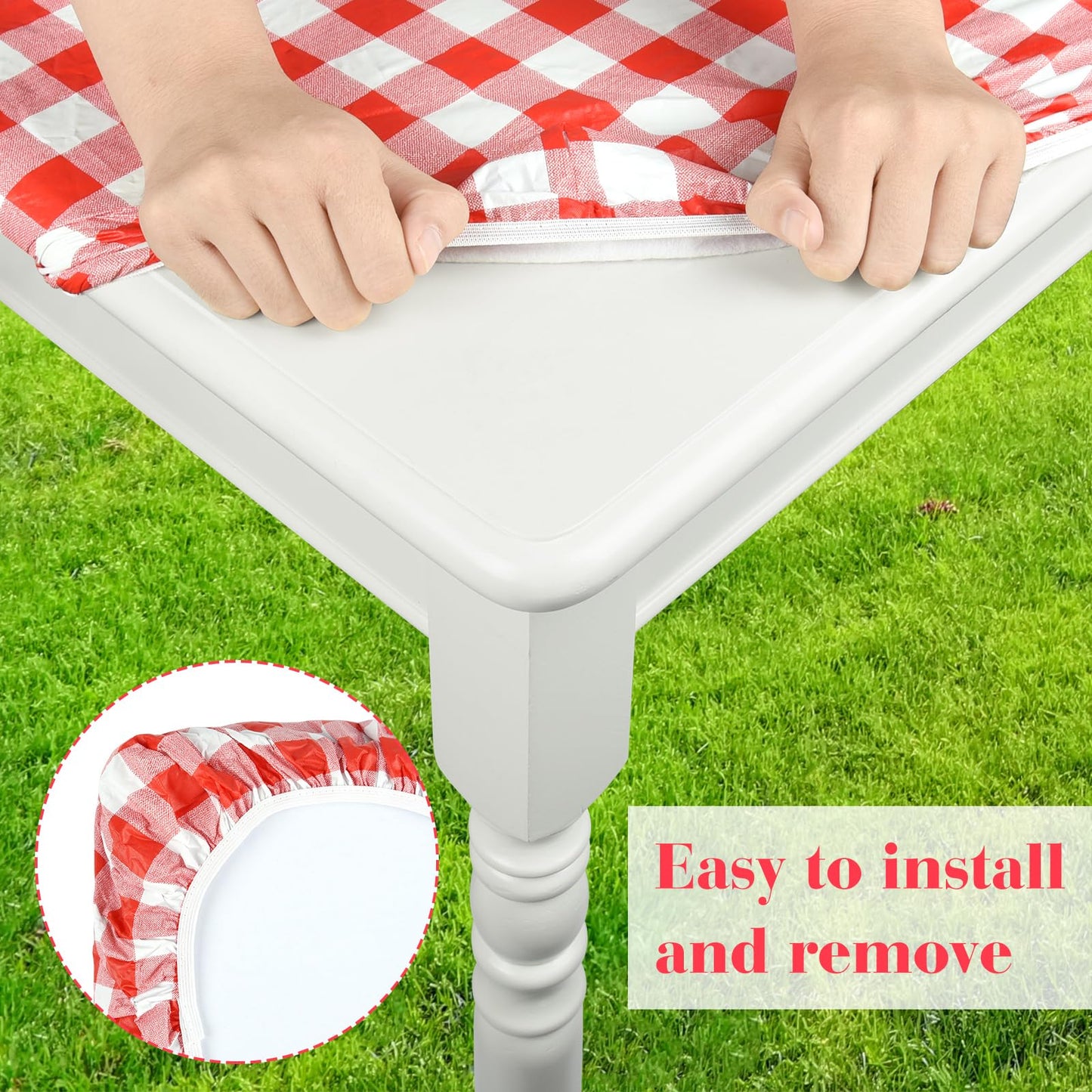 BOUBONI 3 Pcs Set Fitted Picnic Table Cover with Bench Covers Vinyl Camping Table Cloth Flannel Backing for 6ft Tables Camping Outdoor (Red Checked, 30 x 72 Inches)
