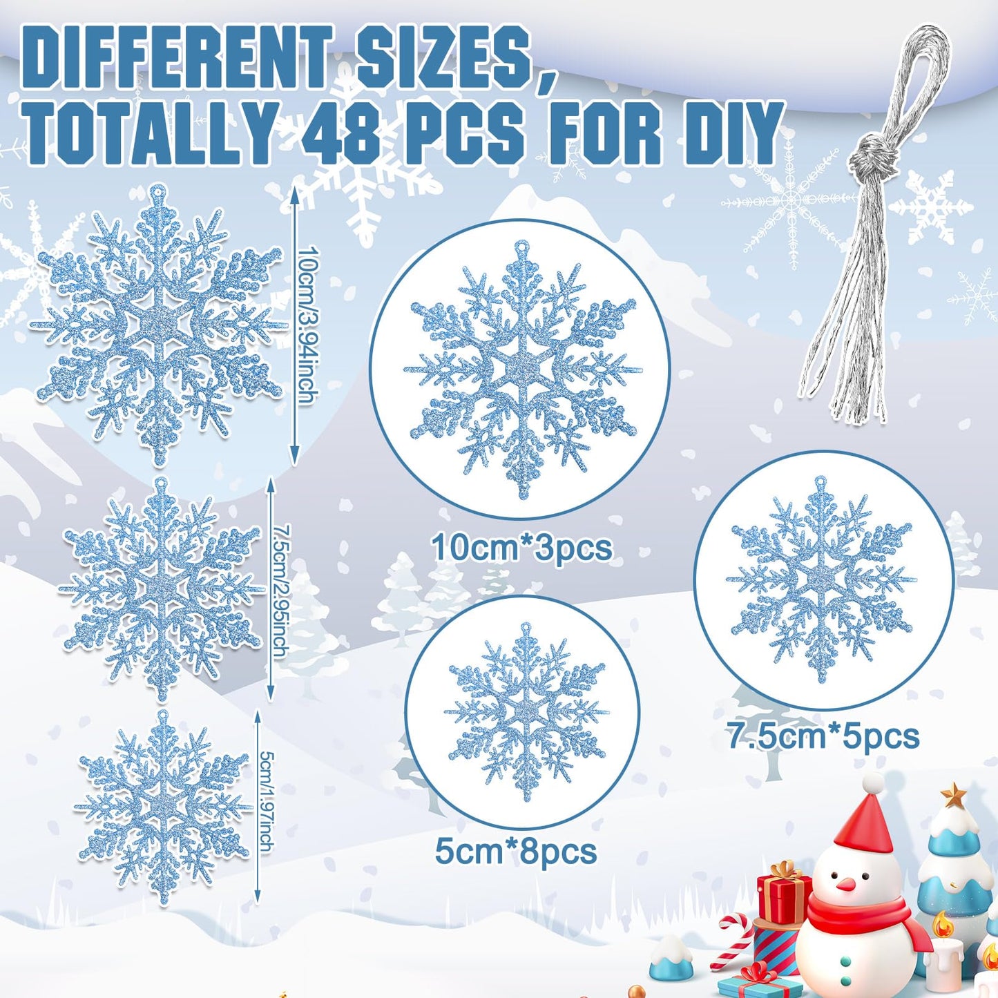 Sumind 48 Pieces Winter Snowflake Ornaments 3 Sized 2, 3, 4 Inches Plastic Glittered Snowflakes Hanging Tree Decoration Winter Window Ornament Birthday Party Supply(Silver, Blue, Purple)