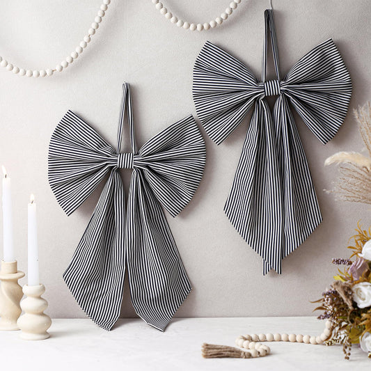 Suncalla 2 Pcs Black White Stripe Bow for Wreath 19.6'' x 11.8'' Front Door Hanger Cute Bow Wreath Accessories Xmas Party Yard Doorway Indoor Outdoor Hanging Wall Decoration