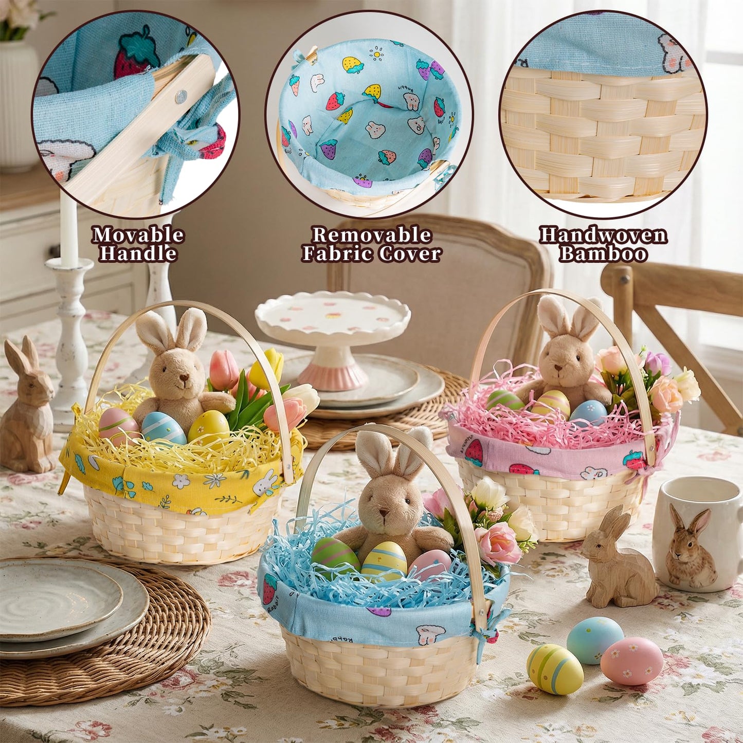 Lanpn Natural Bamboo Easter Basket 3PCS with Removable Bunny Fabric Liner and Raffia Grass for Egg Hunt Candy Picnic Seasonal Decoration (Yellow Pink Blue)