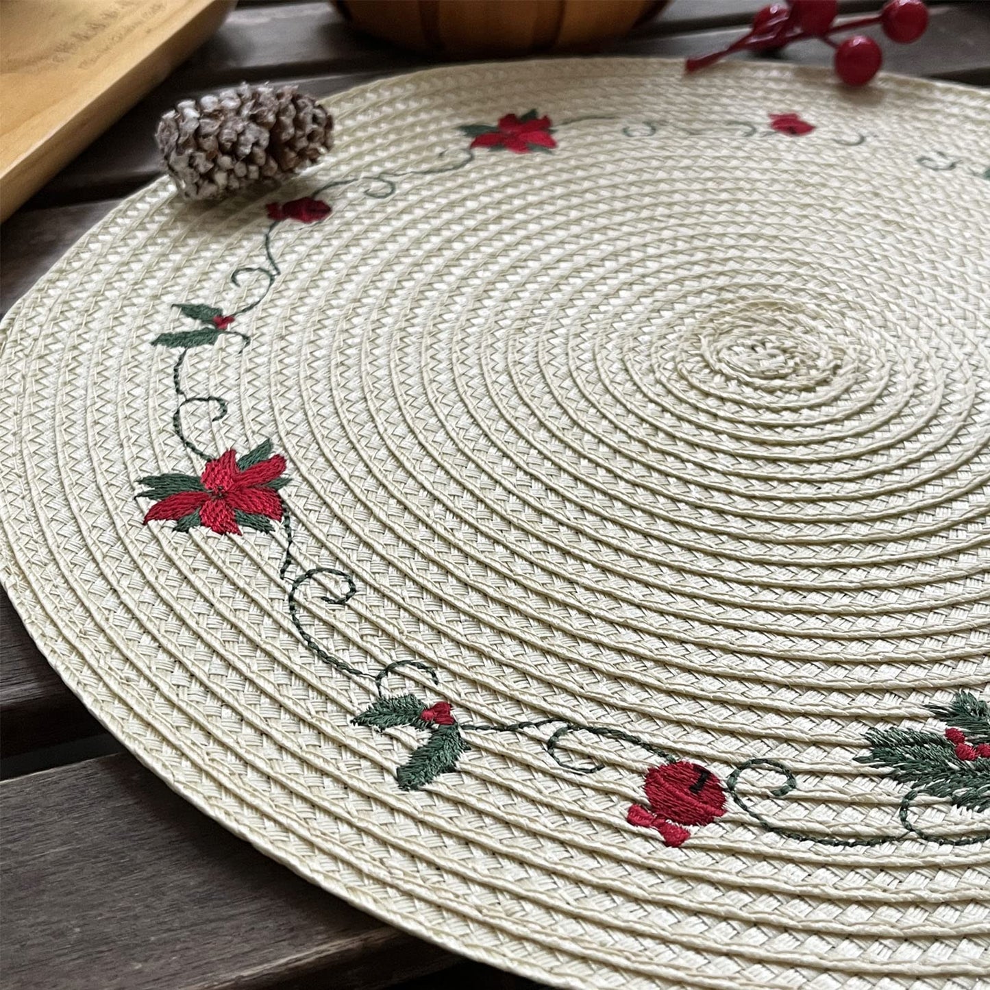 LaneVines Christmas Placemats Set of 4 Round Placemats, Embroidered Holiday Table Placemats Christmas Decorations for Kitchen Dining Table Mats Table Decorations