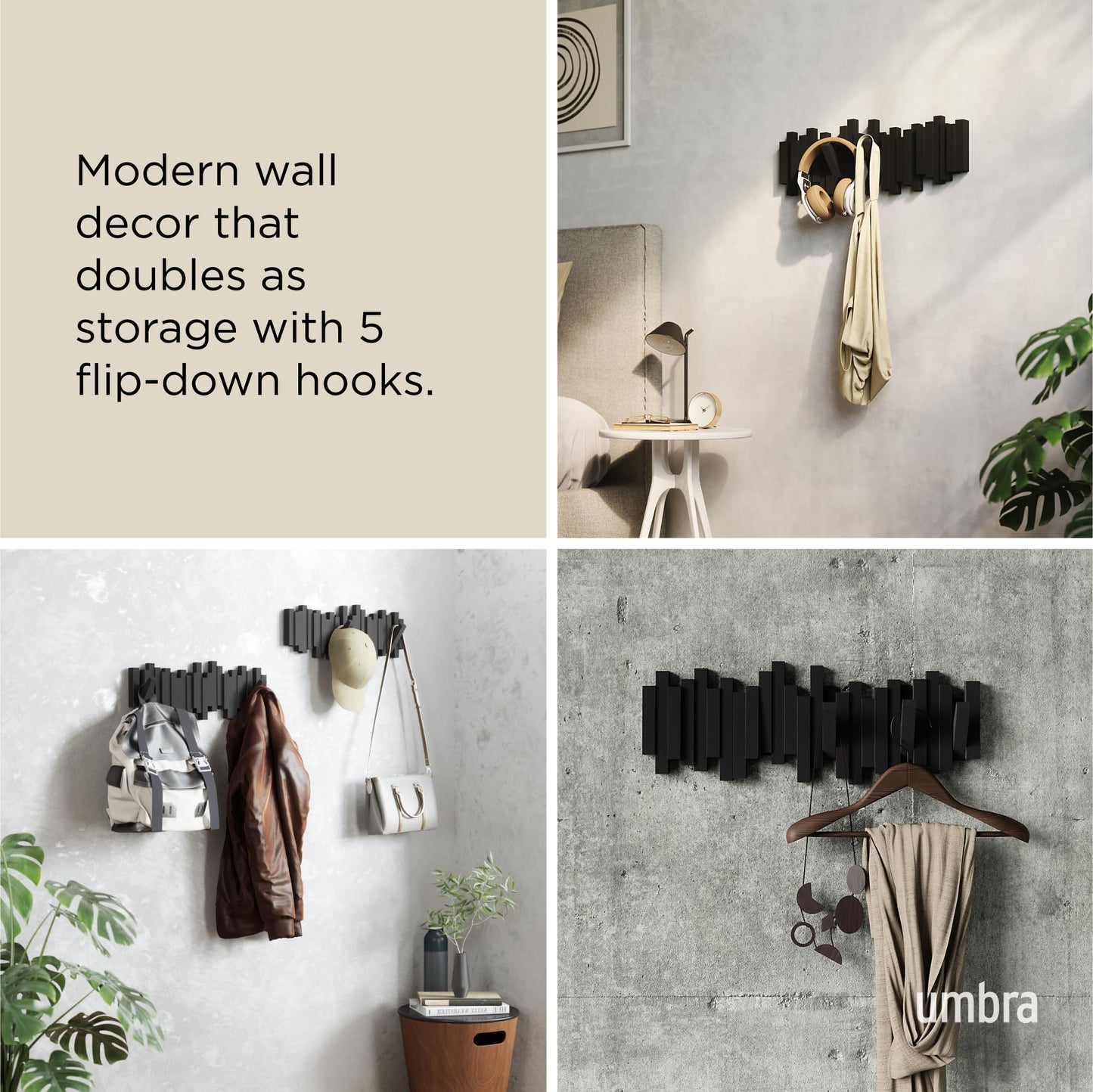 Umbra Sticks Wall-Mounted Coat Rack Rail Hook with 5 Retractable Pegs – Modern, Space-Saving Storage Organizer, Black
