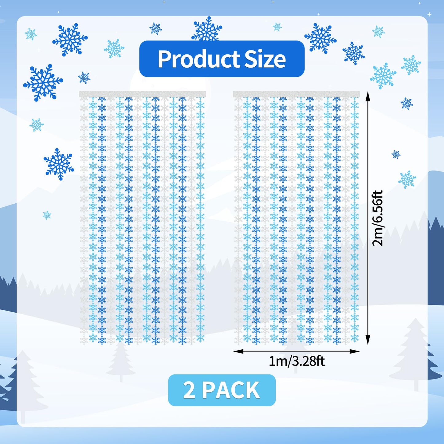Avikosi 2 Pack Snowflake Foil Fringe Curtains, 3.3×6.6 ft Blue Tinsel Backdrop Streamers for Frozen Theme Birthday, Winter Wonderland Party, Baby Shower, Holiday Wall Decor