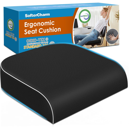 SofterCharm Seat Cushion, Memory Foam Office Chair Cushions for Long Sitting Hours, Chair Pad for Sciatica, Coccyx, Tailbone, Hip Pain & Pressure Relief, Office, Home, Car Seats, Airplane, Black/Large