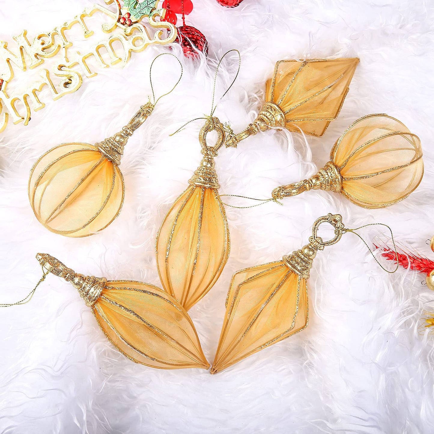 Christmas Ball Ornaments, 6pc Set Gold Rugby,Round Ball, Diamond Pendant Christmas Decorations Hanging,Suitable for Gifting Xmas Tree Decorations Wedding Party Holiday