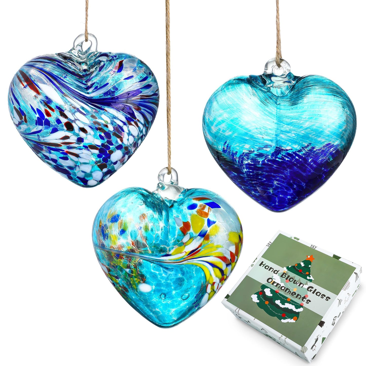 Set of 3 Handmade Glass Heart Ornaments 3.9 Inch Blue Friendship Heart Decor for Garden Home Centerpiece Gifts for Women