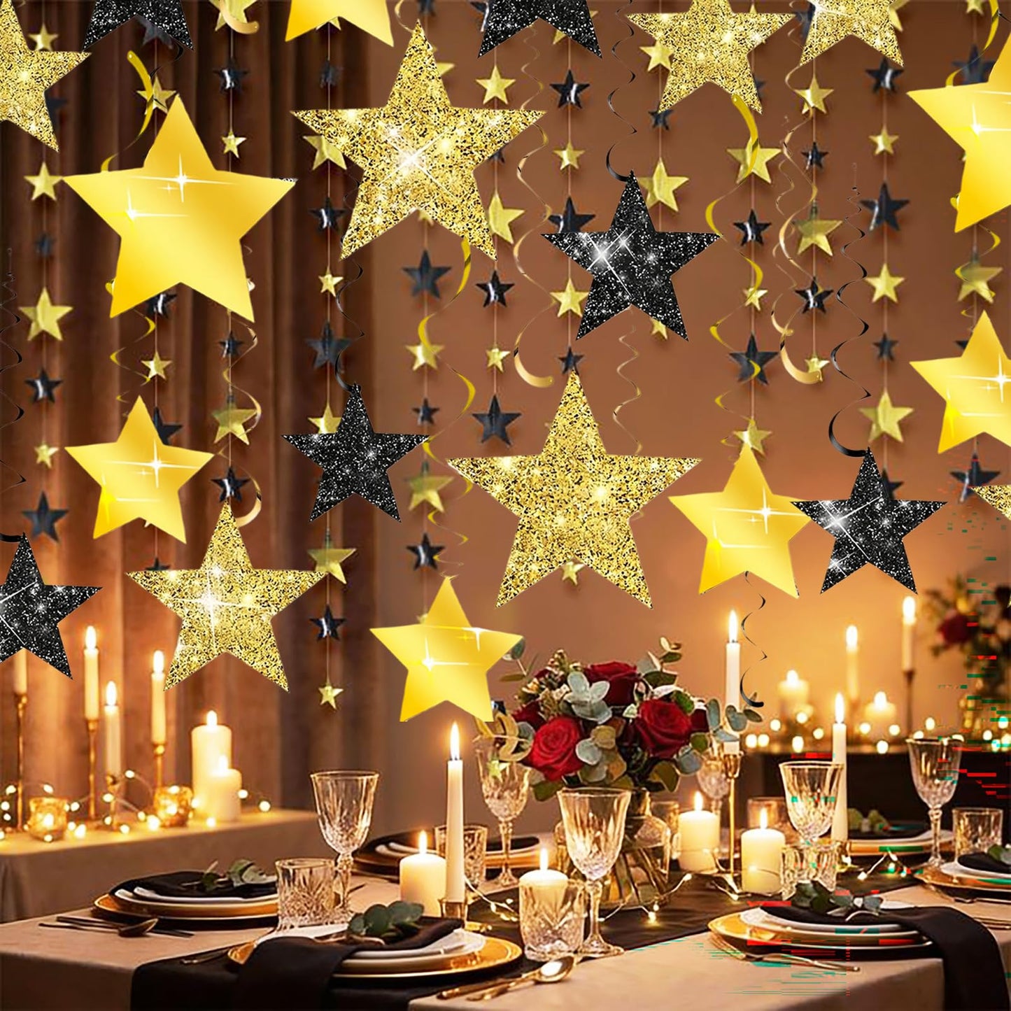 Black Gold Graduation Decorations/Black Gold Party Decorations/Black and Gold Star Hanging Swirls, 16 Pieces, for Birthday,New Year Eve, Graduation Star Party Decorations