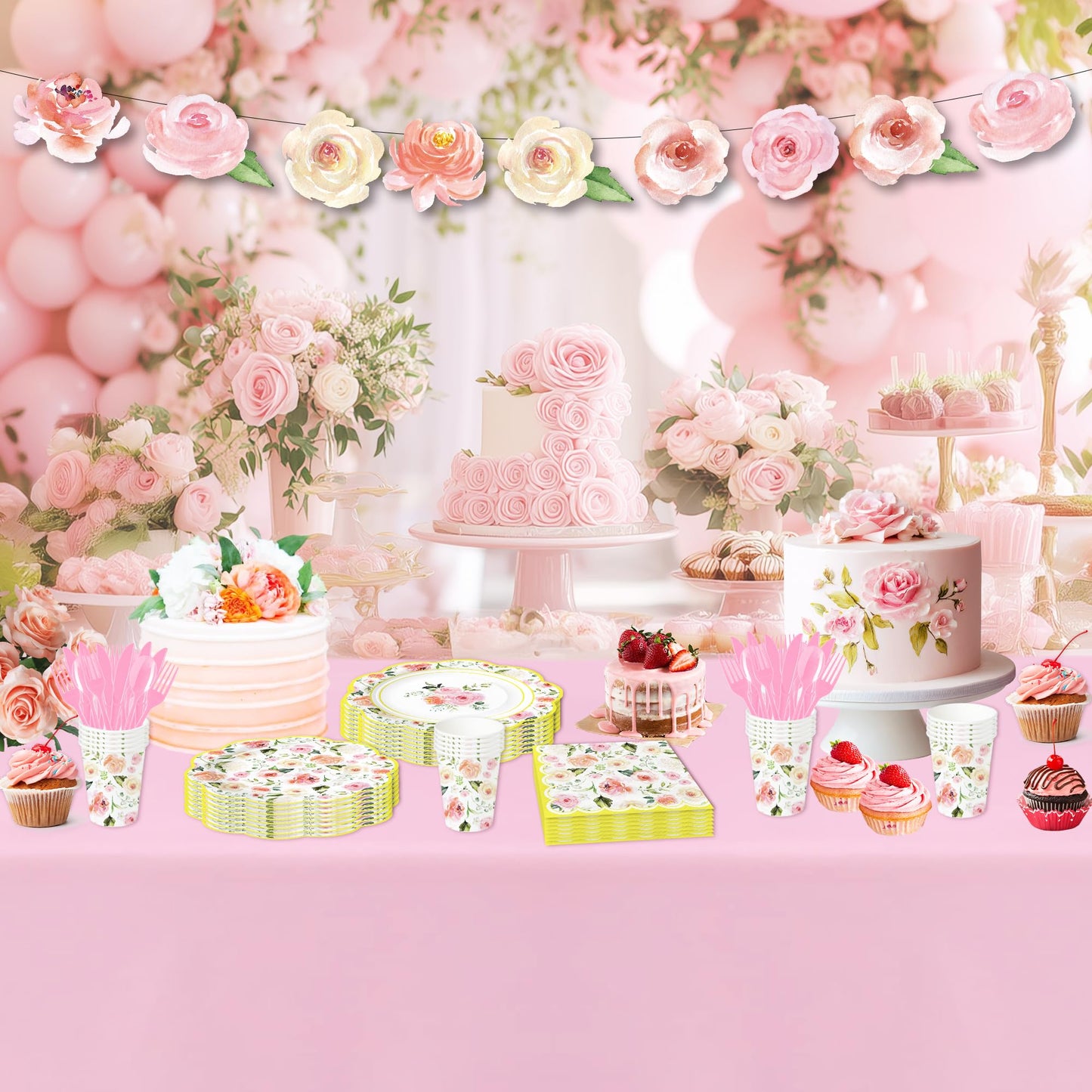 Owelleny Flower Floral Party Decorations, Spring Summer Elegant Garden Floral Party Supplies for Birthday Bridal Wedding Baby Shower, Disposable Paper Plate, Cup, Napkin, Banner, Cutlery, Serves 24