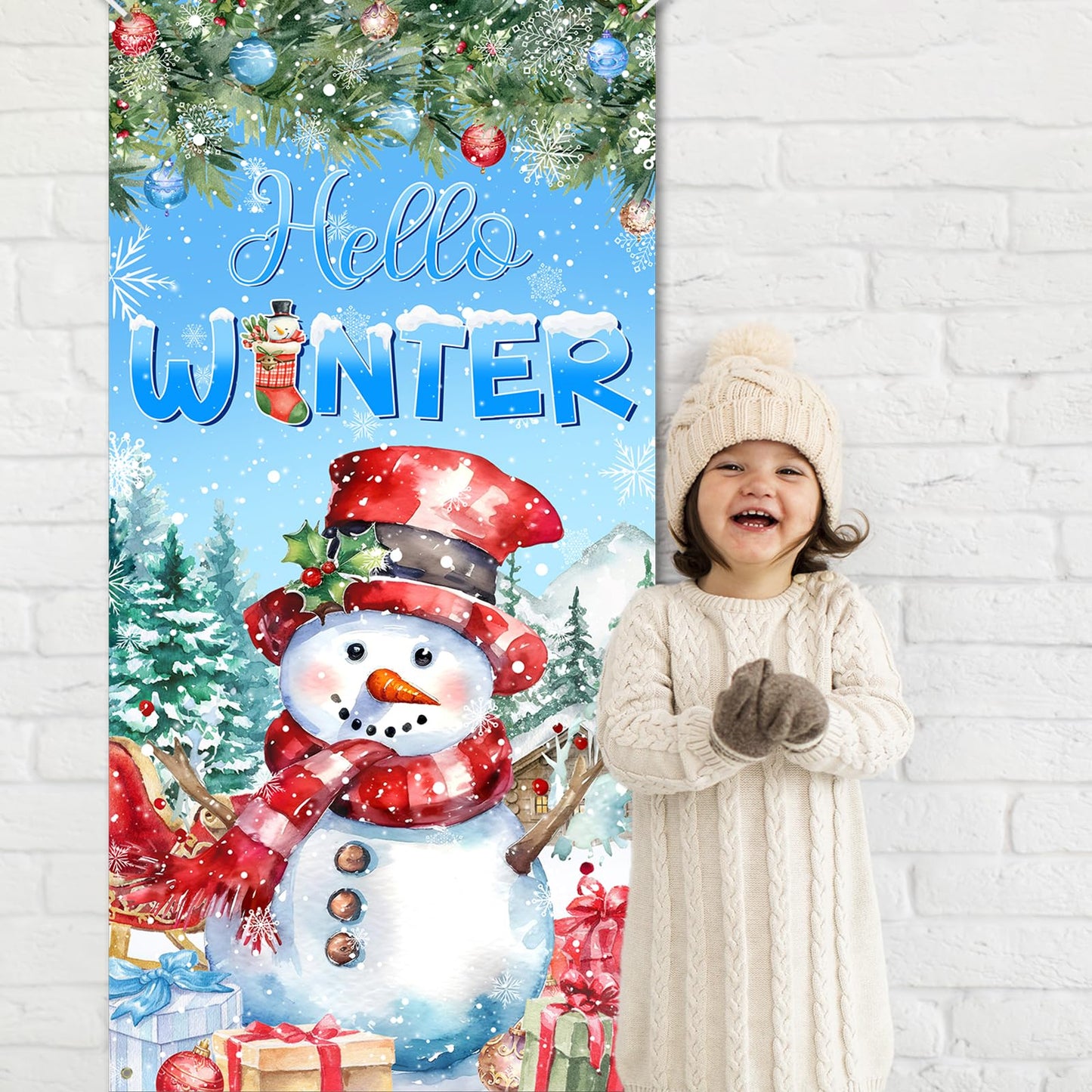 Avezano Snowman Door Cover Hello Winter Banner Snowflake Winter Wonderland Door Decorations Christmas Holiday Party Decorations Indoor Outdoor