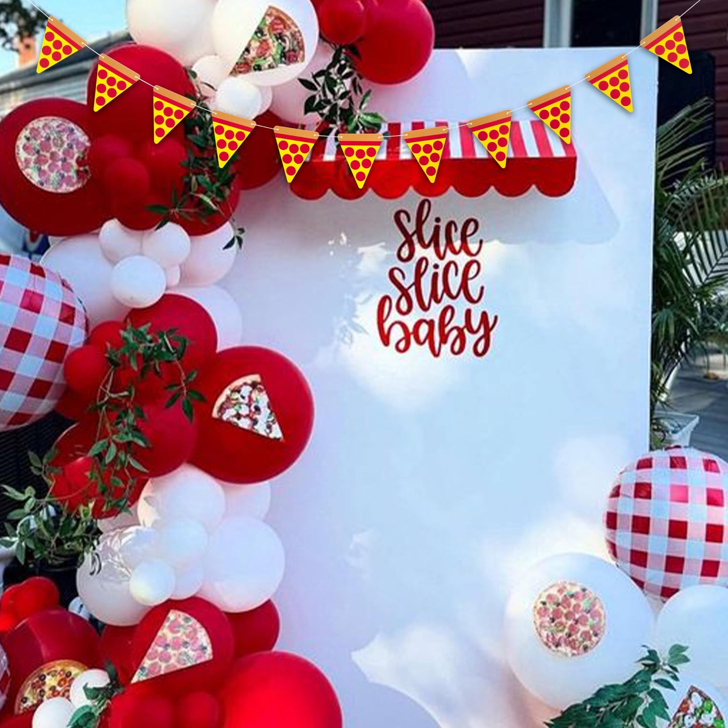GIOGUK Pizza Birthday Party Banner - Baby Shower/Gender Reveal Party Decorations Supplies Banner, Italian-Themed Birthday Celebration Decorations Garland, Pizza Sign Party Decor Cake Smash Photo Props Banner