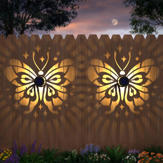 Hapjoy Solar Fence Lights 2 Pack Outdoor Deck Step Wall Lights Metal Waterproof LED Warm Yellow Light for Garden Post Patio Backyard Yard Decor (Butterfly-Star, 2)