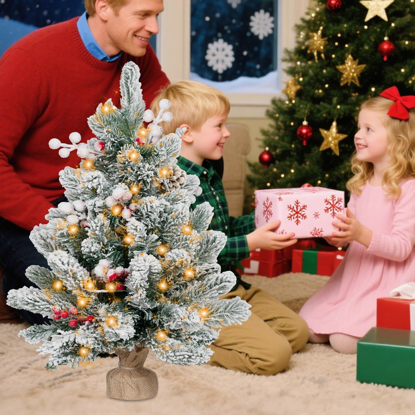 ININ 2FT Pre-lit Mini Christmas Snow Flocked Tree,Tabletop Artificial Christmas Tree with LED Lights, Small Xmas Pine Tree with Cloth Bag Base for Christmas Decor,12 Clusters Berry & 8 Pinecones