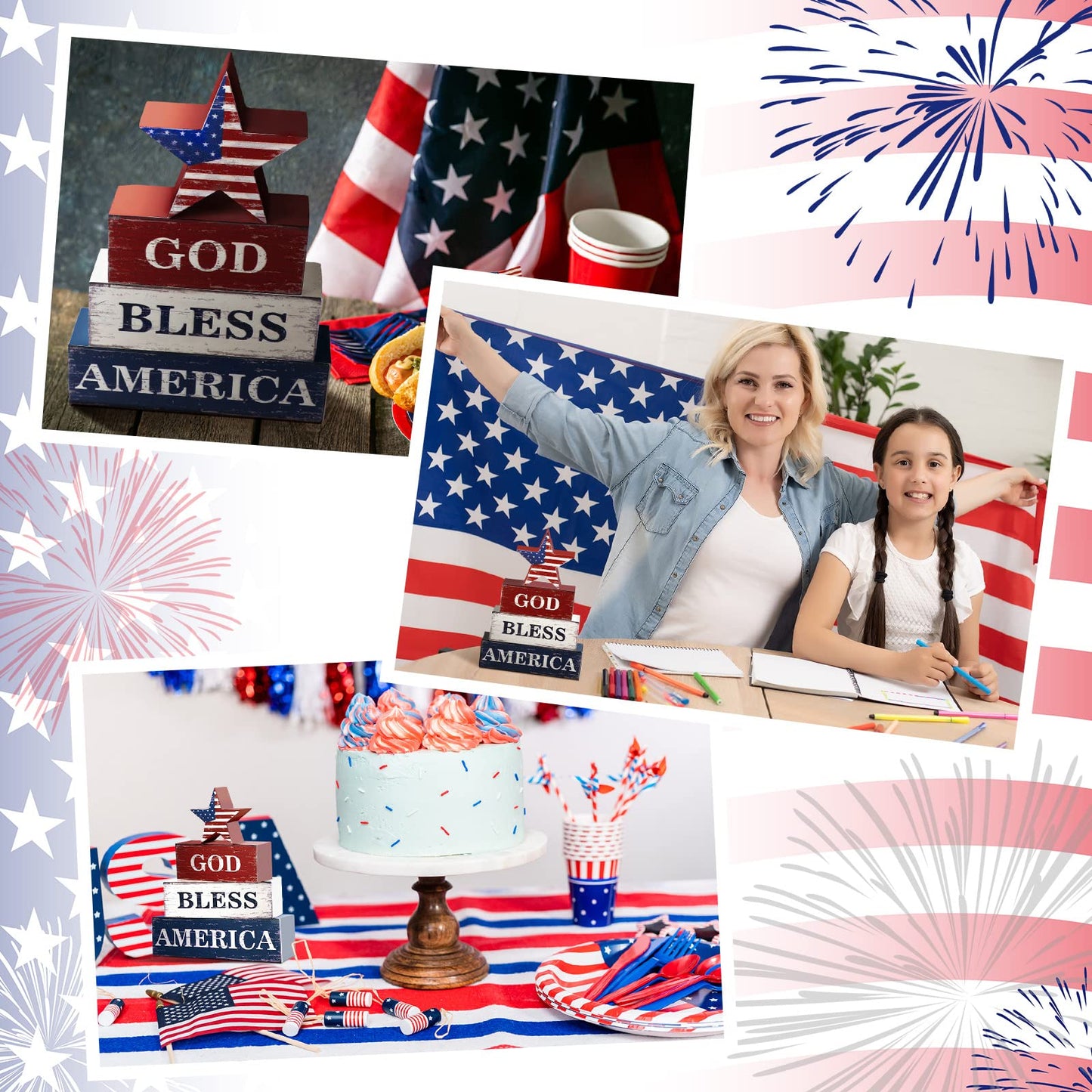 Huquary 4 Pcs 4th of July Decorations Patriotic Memorial Day Table Sign Independence Day Table Wood Decorations Red White Blue Block for Office Tiered Tray Home Shelf 250th Anniversary(Flag)