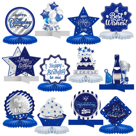 Clabby 12 Pieces Birthday Table Decorations Blue Honeycomb Centerpieces for Table Decor Cute Birthday Honeycomb Topper for Women Men Anniversary Theme Party Supplies Photo Props