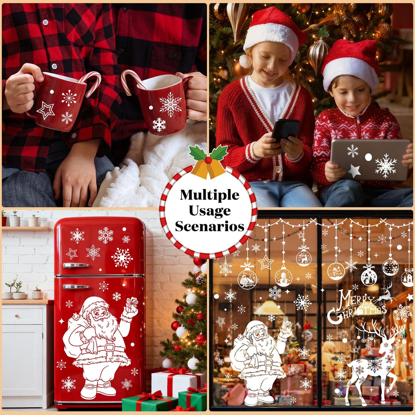 HEEKPEK 163PCS Christmas Window Clings Decorations Large Merry Christmas Double Sided Stickers, Santa Claus Xmas Tree Reindeer Decals for Home Office School (14 Sheets)