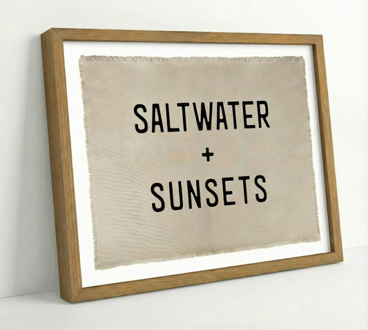 Framed Saltwater Sunsets Wall Art Coastal Wall Decor Picture Minimalist Beach House Poster Print Rustic Typography Print for Bathroom Bedroom Living Room Summer Ocean Theme Home Decoration 12x16in