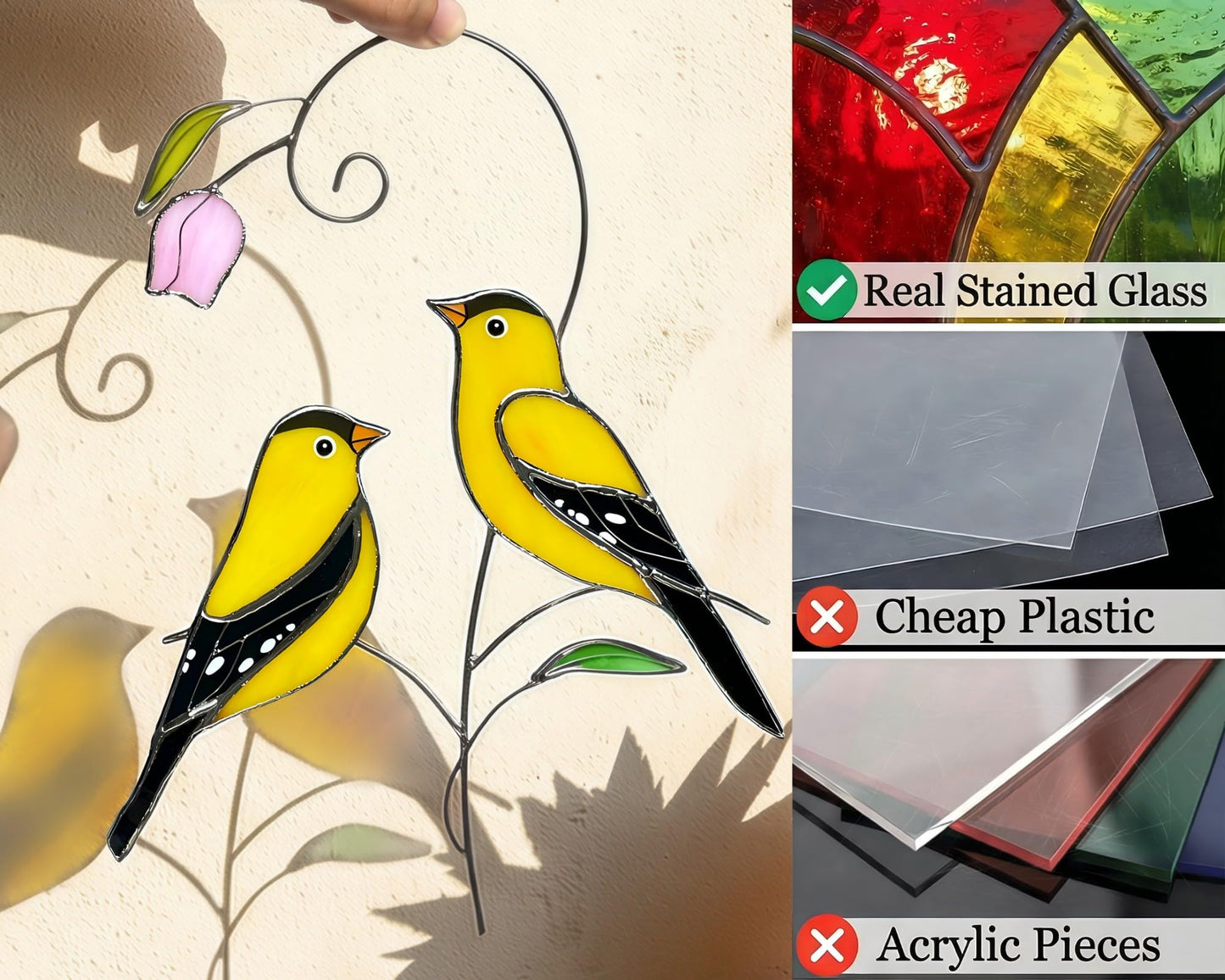 Iricrist Goldfinch (1 Pair) Stained Glass Birds Suncatcher for Mom, Grandma, Women - Real Glass Window Hanging Ornament - Handmade Bird Lover Home Decor (Gifts Ready Packaging)