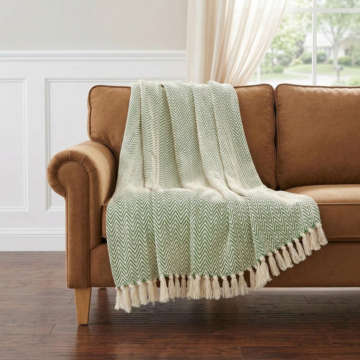 Americanflat 50x60 Throw Blanket - Soft and Breathable Cotton Throw Blanket for Couch, Bed, Chair - Decorative Blankets Perfect for Home, Office, or Outdoor Use - Sage and Beige Herringbone Design