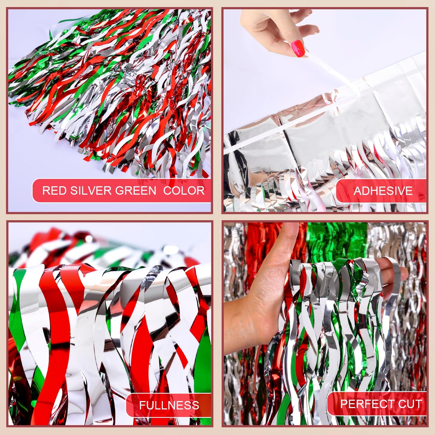 LOLStar Christmas Party Decorations, 2 Pack Red White and Green Wavy Metallic Tinsel Foil Fringe Table Skirt for Rectangle & Round Tables, Perfect Table Decorations for Christmas Ugly Sweater Party