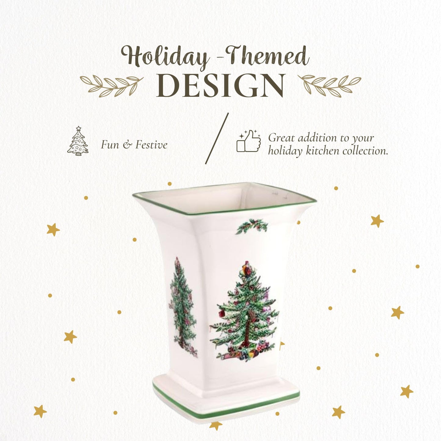 Spode Christmas Tree Square Vase, 8-Inch Festive Vase for Flowers & Holiday Decor - Fine Earthenware Centerpiece for Christmas Table, Mantle, Seasonal Floral Arrangements, Dishwasher Safe