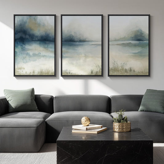 Large Framed Abstract Nature Landscape Wall Art for Living Room, 3 Piece Blue Watercolor Canvas Prints Paintings Artwork for Walls, Misty Lake Mountain Pictures for Hallway Office Wall Decor 24x36 In