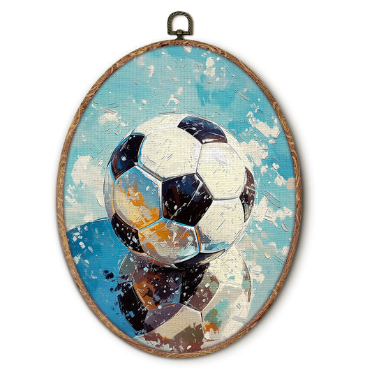 Hxlac Soccer Ball Sports Oval Wall Art Framed, Sports Oval Wall Decor, Soccer Gifts Canvas Prints Wall Sculptures for Kids Boys Room Bedroom Playroom Decor, 8.5x11.5 Inch