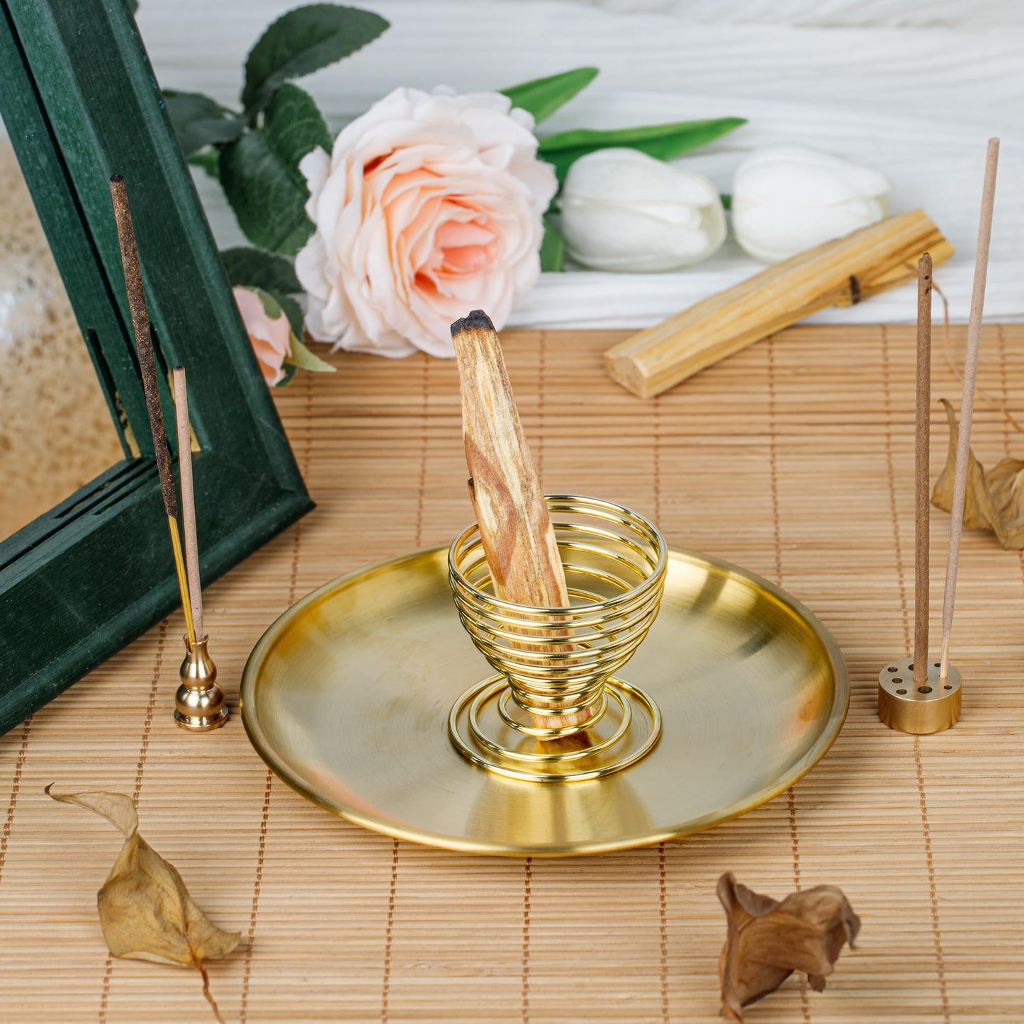 ZenBless 5 in 1 Incense Burner, Palo Santo Holder, Sage Holder, Incense Holder for Incense Sticks/Coil Incense/Incense Cones, 5.5 inches Brass Ash Catcher for Meditation Yoga Room