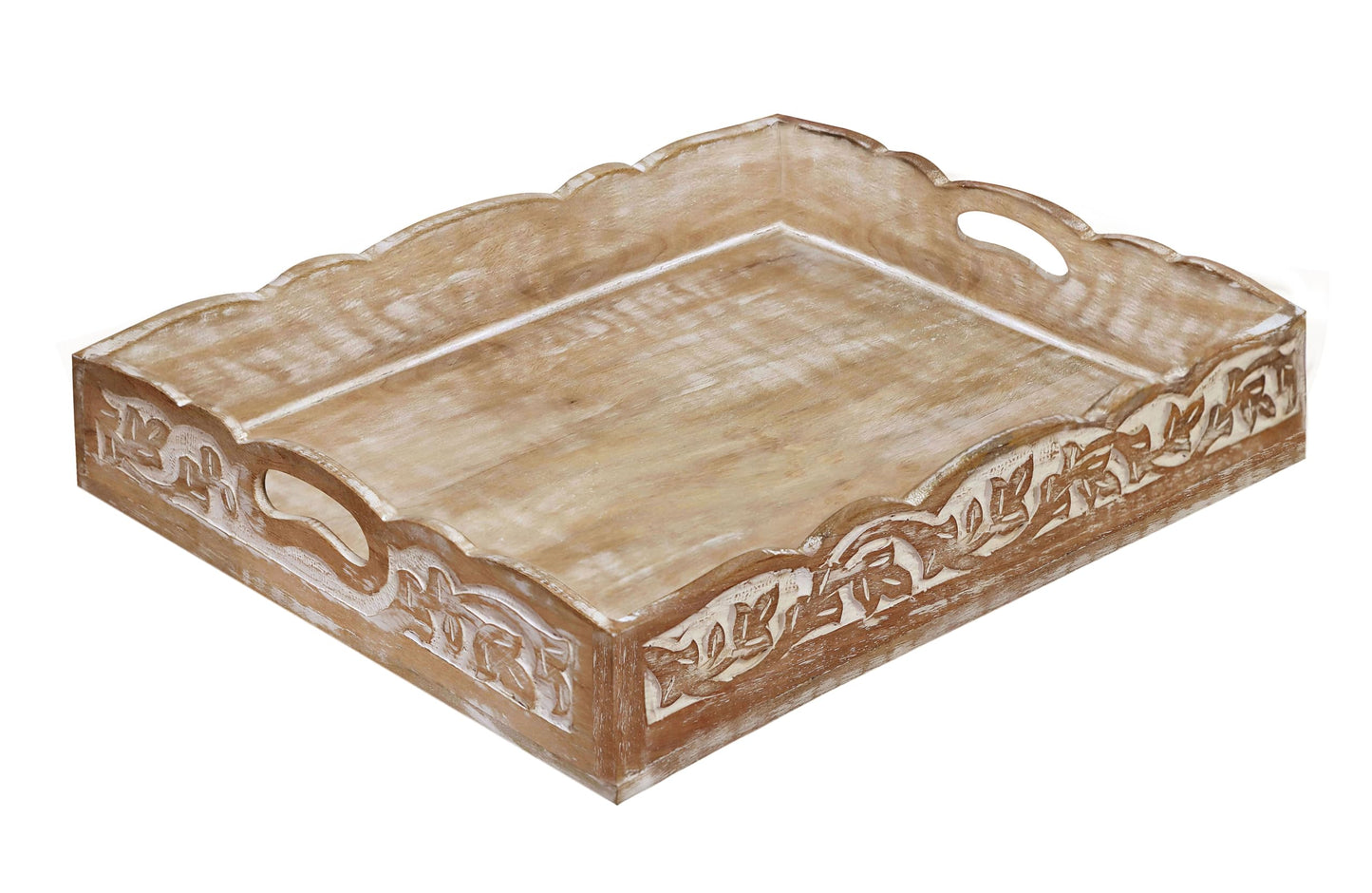 Hand Carved Solid Wood Serving Tray - Decorative Breakfast Tray with Handles - Rustic Food Tray with Intricate Detail - Unique Furnishing Accent - White Wash - 17 x 13 x 2.75 Inches - COTTON CRAFT