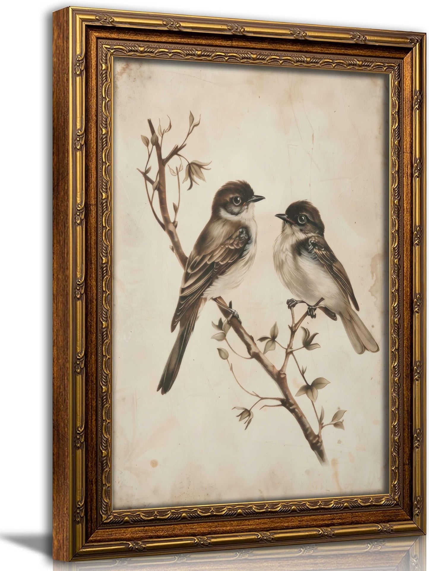 yunjulp Vintage Gold Framed Bird Wall Art, Birds in Love on a Branch Canvas Prints,Minimalist Antique Neutral Sketch Painting Picture Rustic Farmhouse Wall Decor for Bathroom Bedroom 9" x 11"