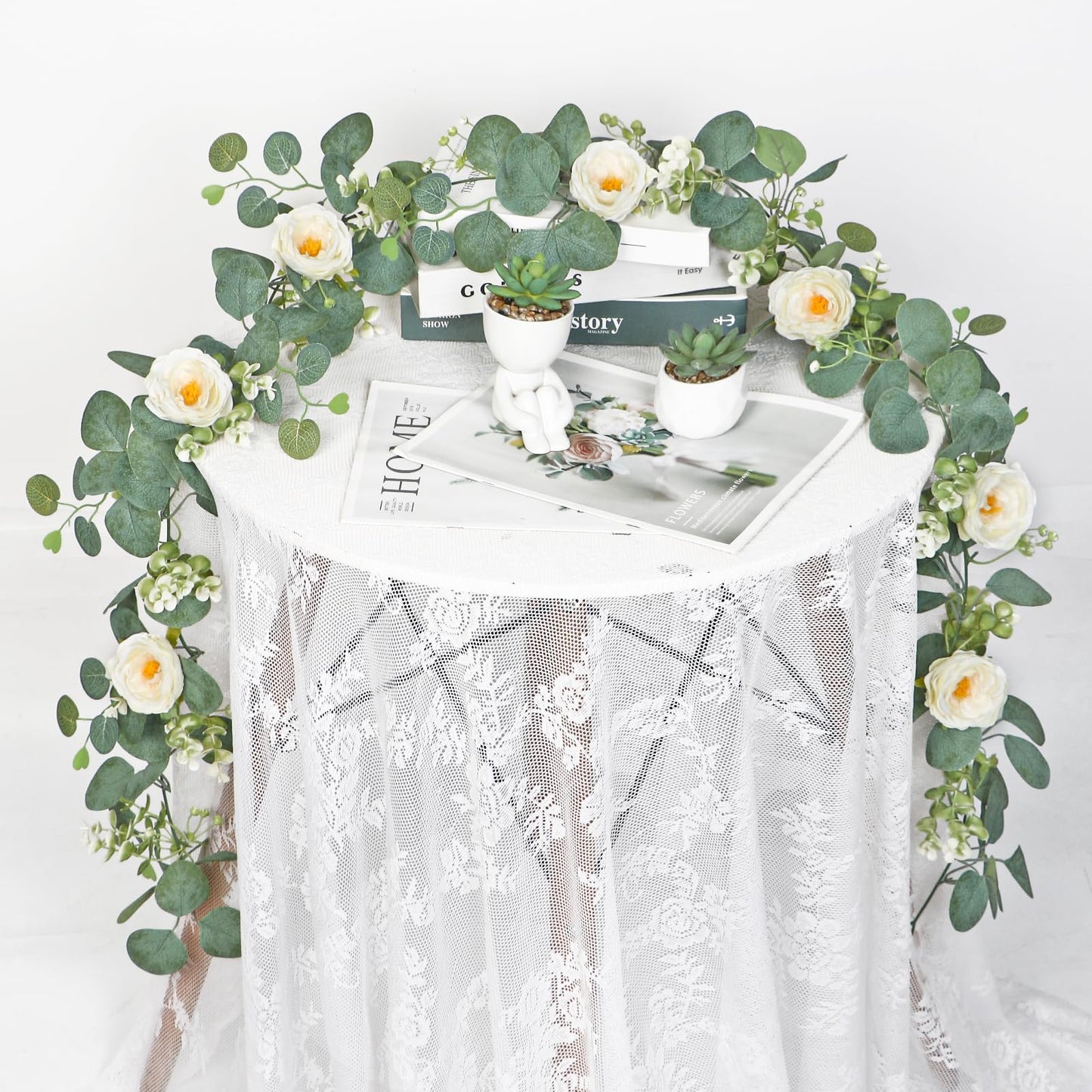TOCHGREEN 2 Pack 13Ft Artificial Eucalyptus Flower Garland with White Roses, Fake Rose Flower Greenery Garland Floral Vines for Wedding Home Party Table Runner Decor (2PCS, White)