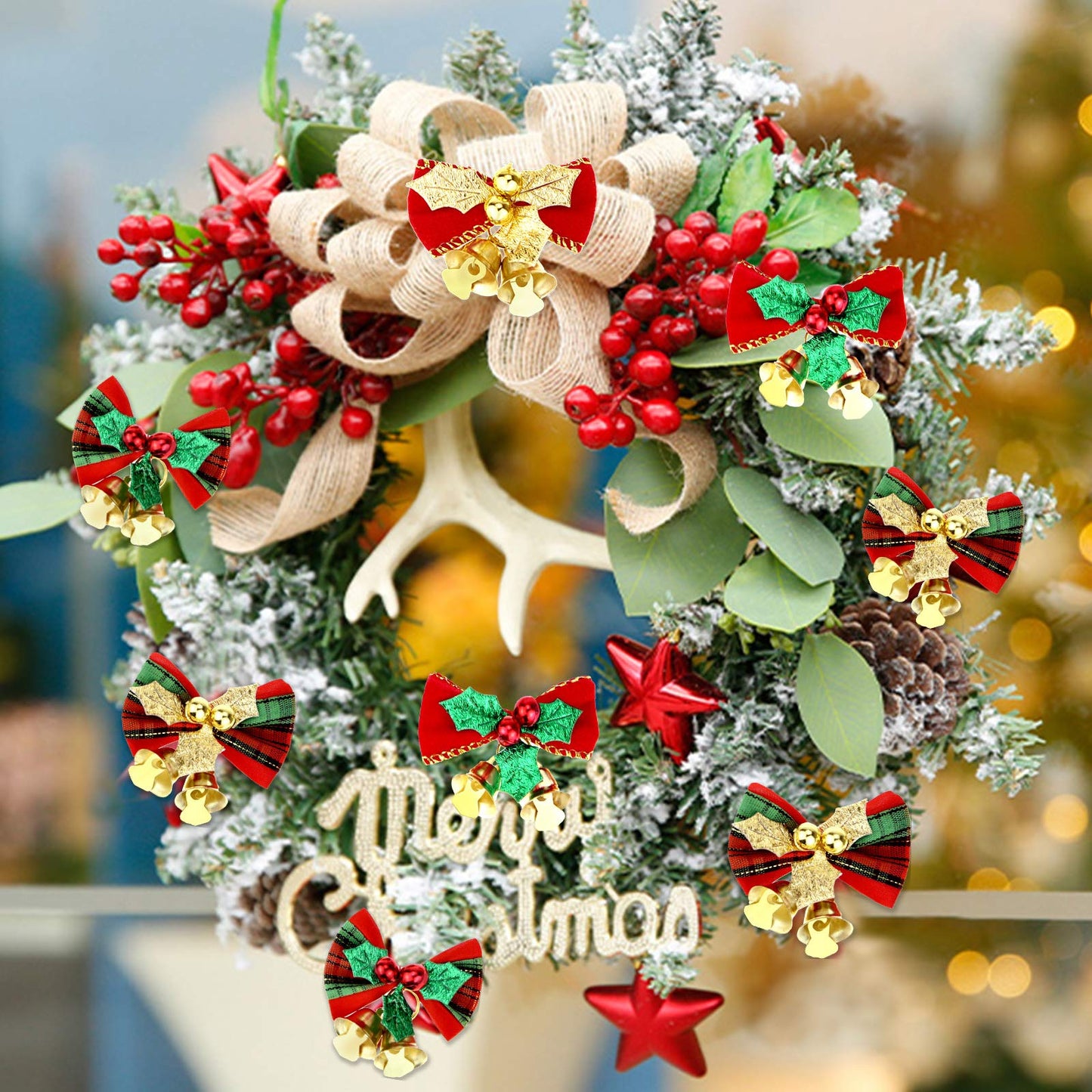 Pistha 20 Pcs Christmas Mini Bow with Bells, 4 Styles - Traditional, Rustic, Whimsical, Minimalist - Red, Green, Gold - Christmas Ornaments
