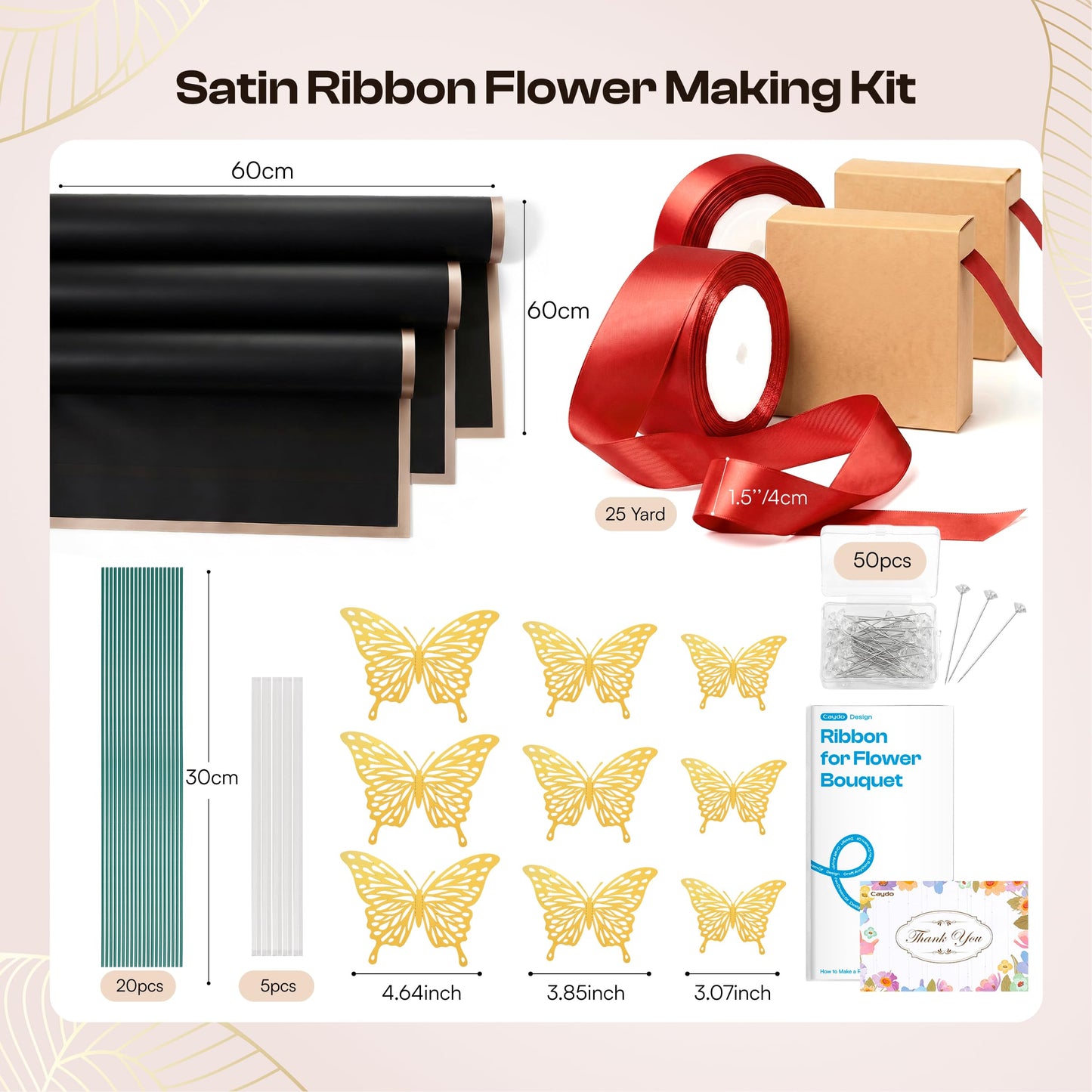 Caydo 1-1/2 Inch Red Ribbon for Flower Bouquet for Mothers Day Gifts, 50 Yards Satin Ribbon Flower Making Kit with Floral Stem Wire, Wrapping Paper, Glue Stick, 3D Butterfly & Diamond Pins