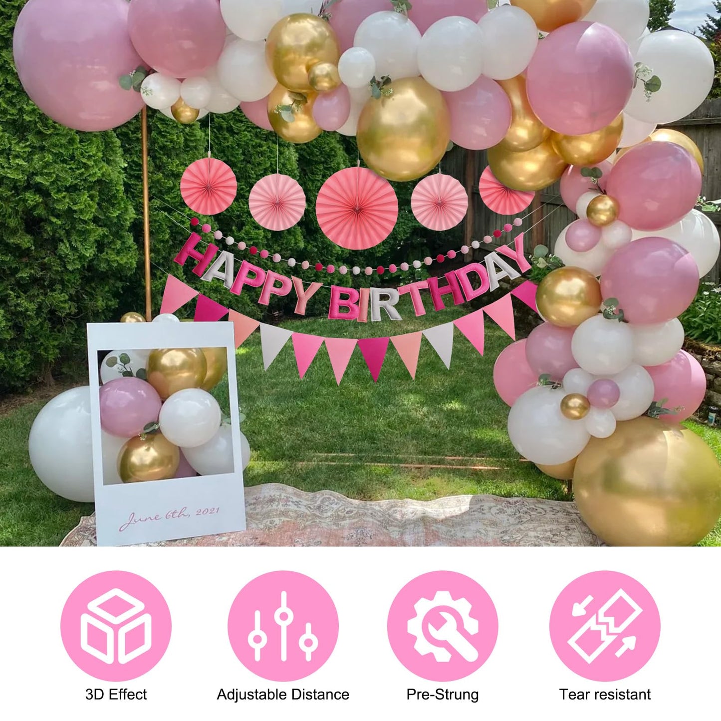 Danadia Pre-Strung Happy Birthday Banner, Reusable Felt Birthday Party Decorations, 3D Effect Happy Birthday Sign with Felt Ball Garland, Pennant Flag, Hanging Paper Fans for Men Women Boy Girls (Pink)