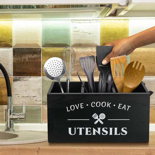 MINCORD Kitchen Utensil Holder with 3 Compartments, Rustic Wooden Storage Organizer Box Vintage Cutlery Farmhouse Flatware Utensil Caddy Countertop for Silverware Fork Spoon Spatula