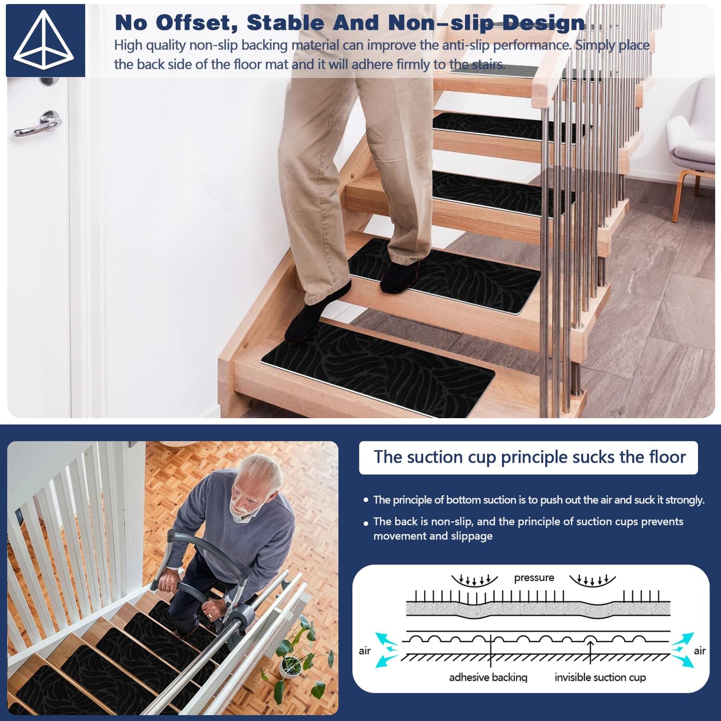 JAYFAN Non-Slip Stair Treads Mat Carpet for Wooden Steps(7/15 Pack), 21.6 x 7.4IN Self-Adhesive, Safety Indoor Stair Runner Mats, Anti Slip Stair Treads for Kids Elders and Dogs Pets