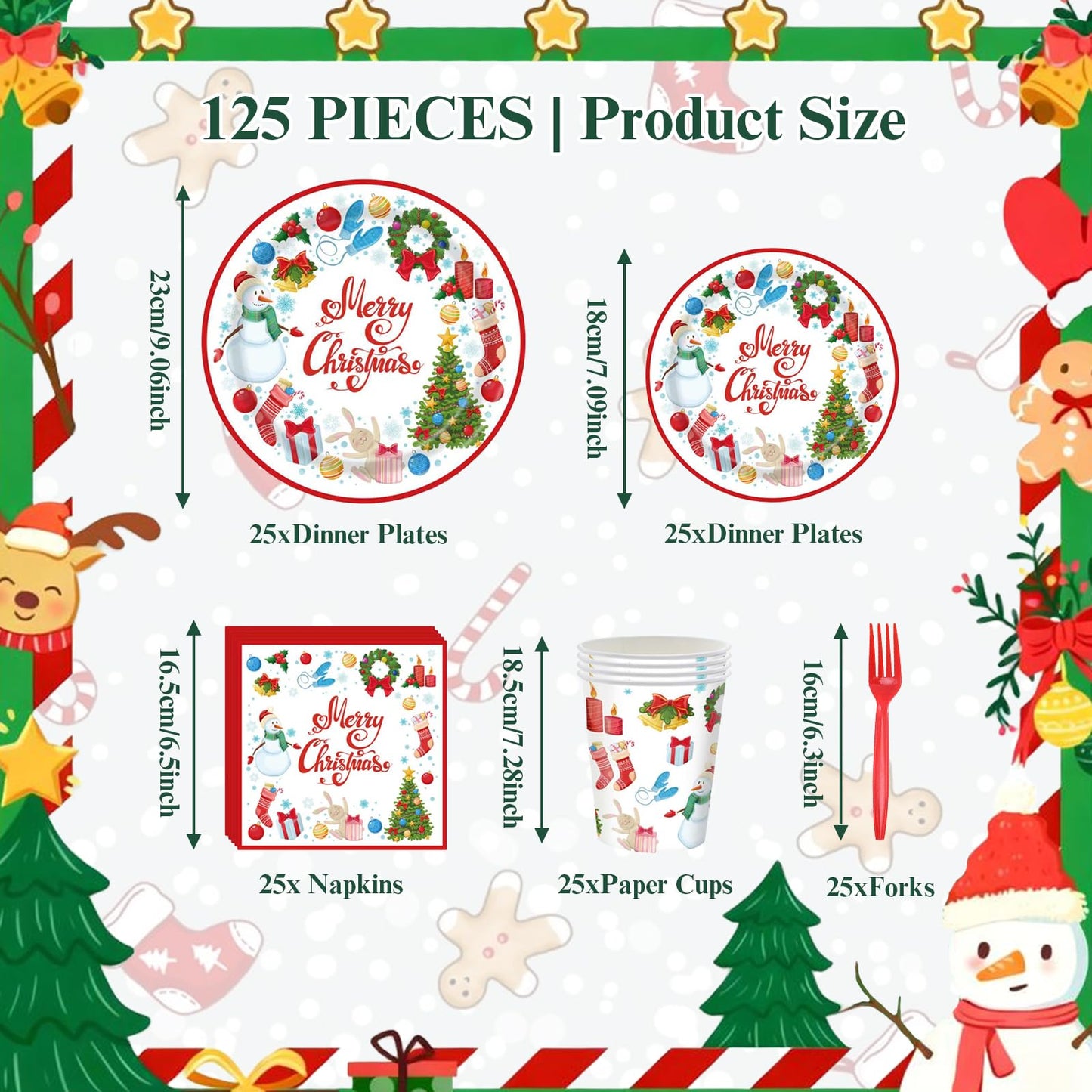 Slynxr 125PCS Christmas Party Supplies with Christmas Paper Plates and Napkins, Paper Cups & Forks Disposable Holiday Snowman Snowflake Party Supplies Decoration Serves 25