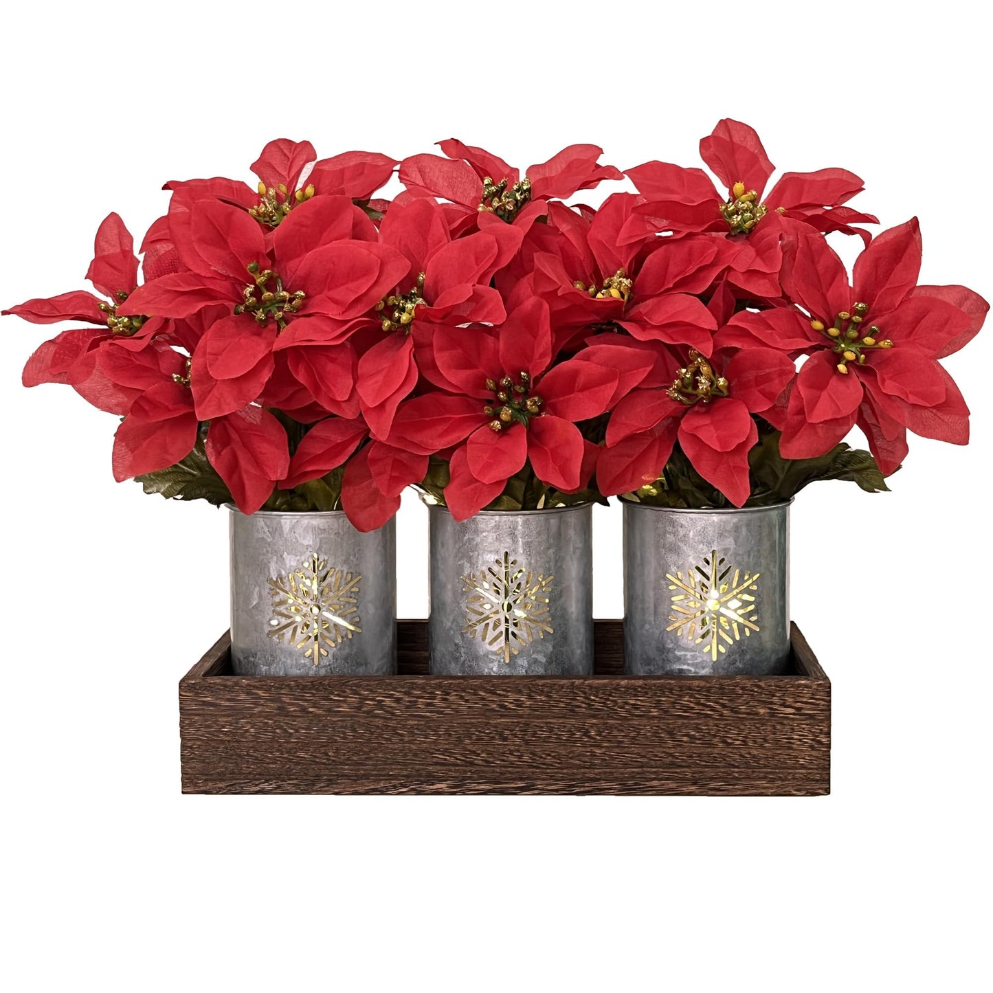 HEMYLU Poinsettias Artificial Christmas Flowers with LED Lights, Red Xmas Table Centerpiece in Pots and Wood Box for Decoration