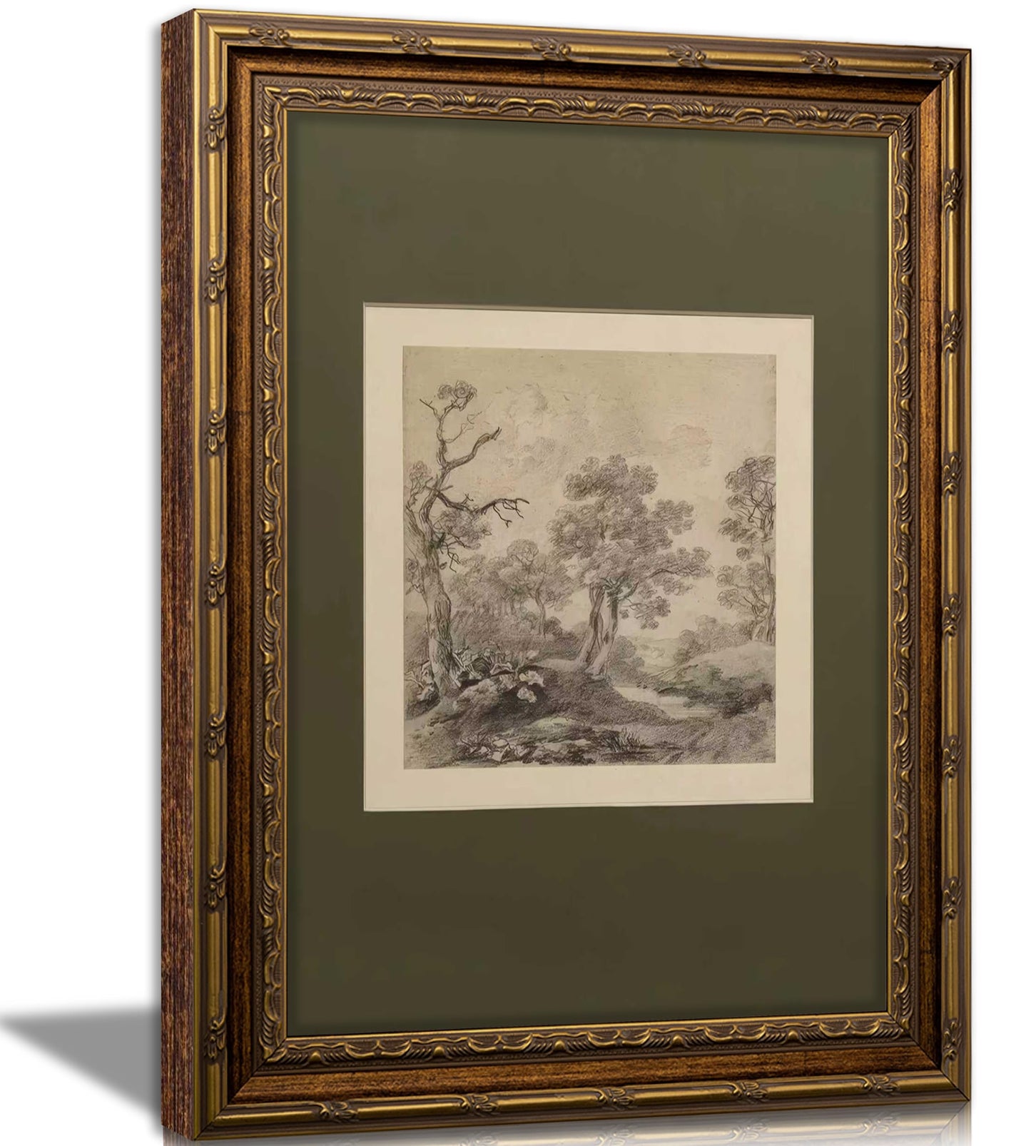 Vintage Gold Framed Wall Art Tree Forest Landscape Painting Canvas Prints Green Gray Tree Natural Sketch Picture Rustic Farmhouse Poster Artwork for Living Room Bedroom Bathroom, 9x11in