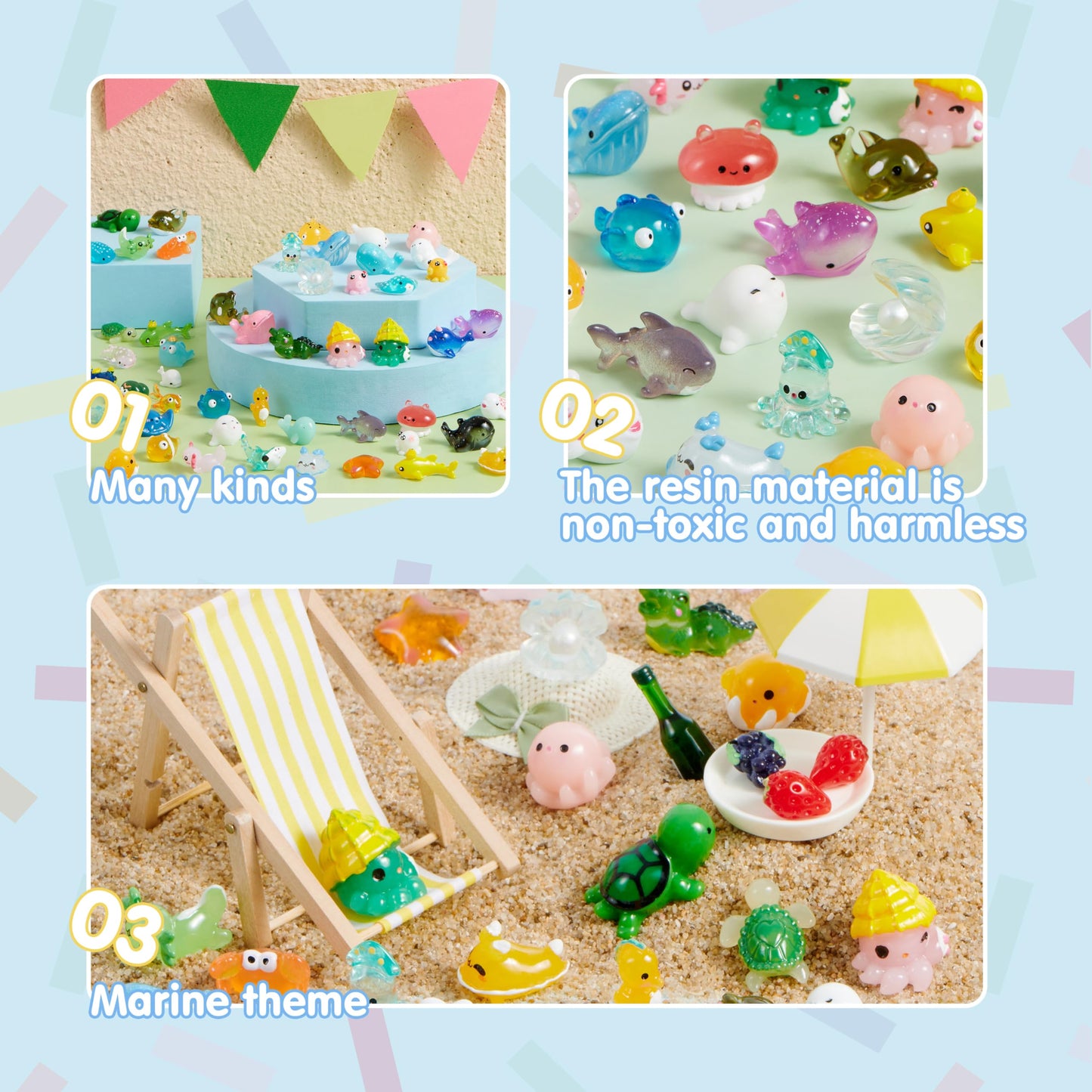 JOYIN 50 Pcs Mini Ocean Resin Animals Figures, Mini Sea Animals Figurines for Aquarium Ornaments Decorations, Cute Garden Accessories, Birthday School Slime Charms for Crafts, DIY Miniature Scenes