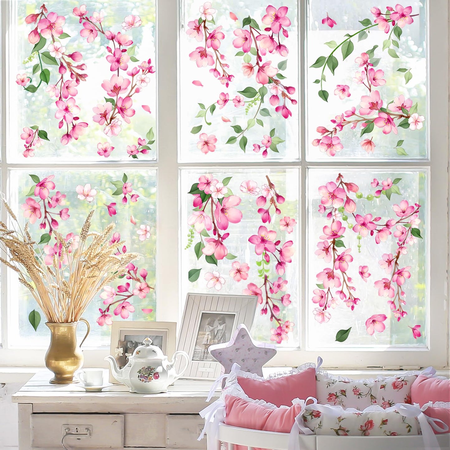 Supzone Spring Cherry Blossom Flowers Window Clings Valentine's Day Pink Hanging Flower Window Decals Anti-Collision Static Stickers for Women Girls Room Decor