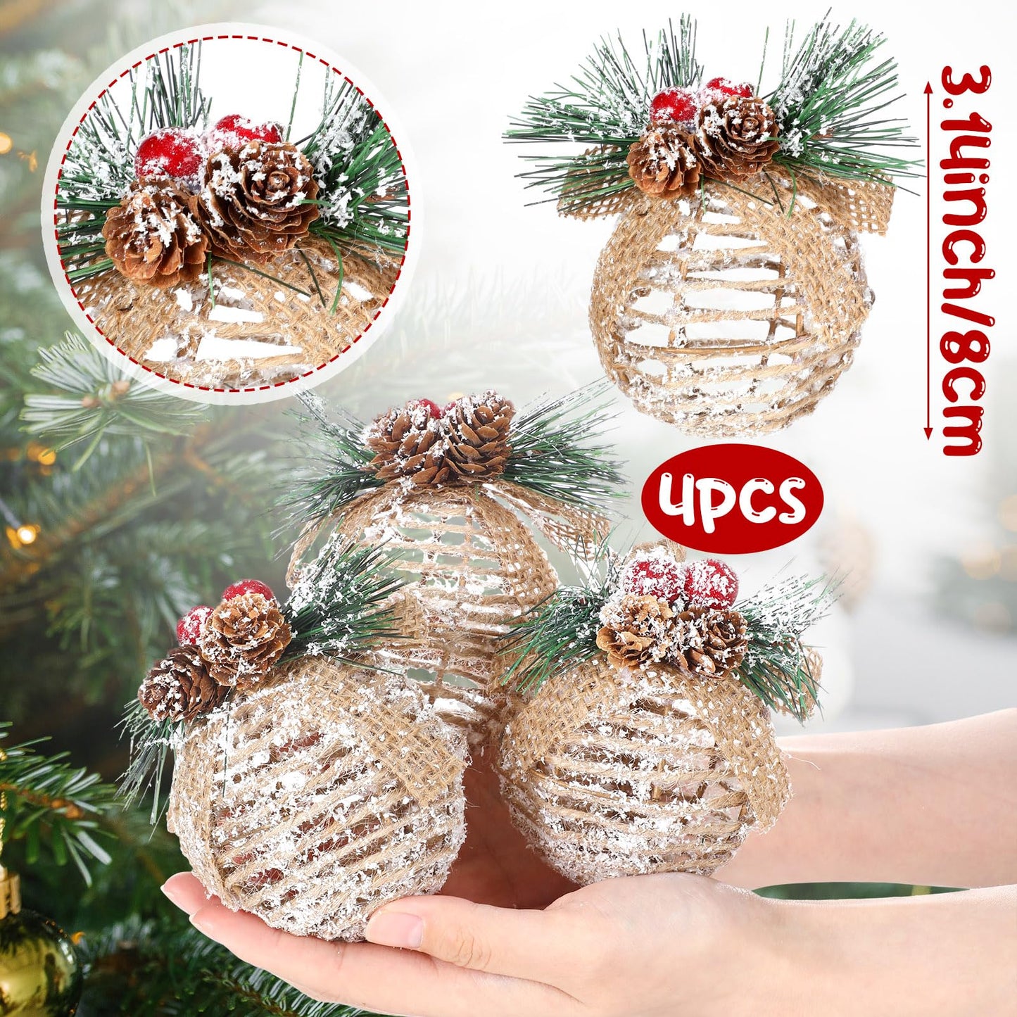 Gemscream 4 Pcs Farmhouse Christmas Ball Ornaments 3.15 Inch Rustic Boho Xmas Tree Hanging Decor with Pine Cones, Pine Needles, Berries and Burlap Bows Linen Shatterproof for Holiday Home Party Decor