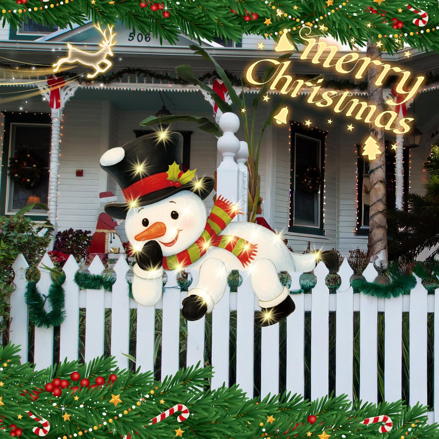 Suttmin Winter Fence Peeker Decoration Snowman Peeking Garden Yard Sign with Light Cute Outdoor DIY Fence Art Ornament for Holiday Patio Lawn Decor(Warm Light)